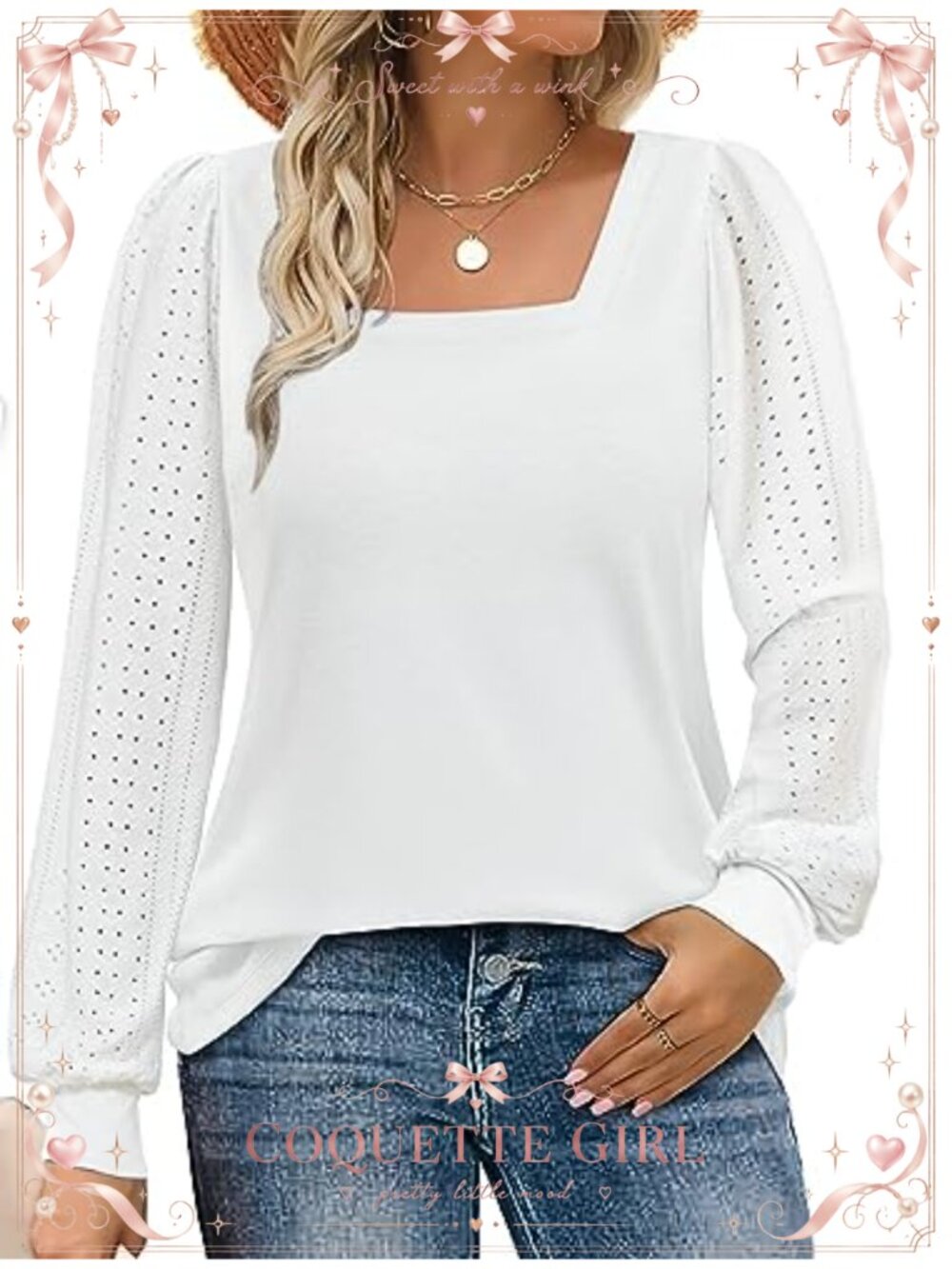 Womens Square Neck Puff Sleeve Eyelet Top Long Sleeve Dressy Casual Blouse